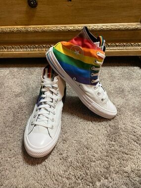 Converse Chuck Taylor All Star High-Top Sneakers in White with Rainbow Stripes